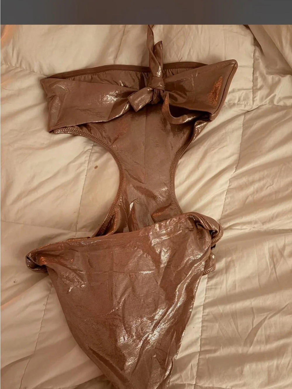 SKIMS Metallic Rose Gold Strapless Cutout One-Piece Swimsuit